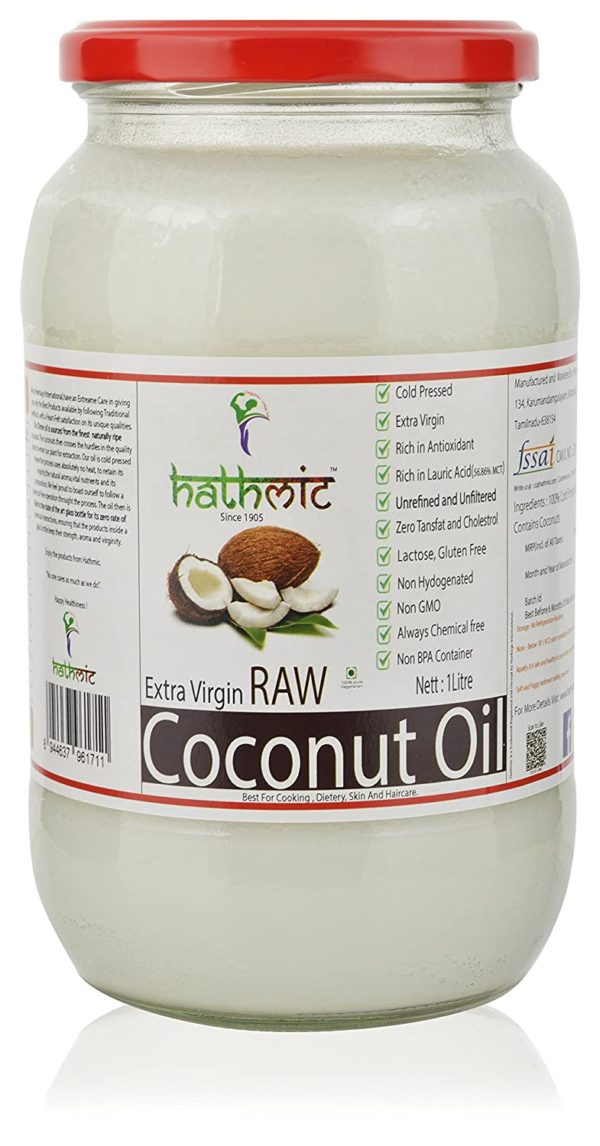 HATHMIC Raw Extra Virgin Coconut Oil Cold Pressed 1 Ltr Front